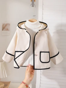 SHEIN 女嬰秋冬款鈕扣拼接連帽時尚百搭長袖新款外套 - 杏色 - 查看 1