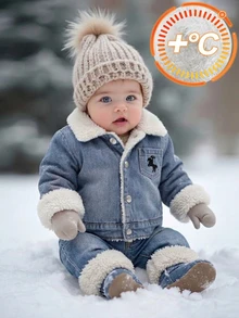 SHEIN Playful Pals 男嬰秋冬夾克，加厚保暖內裡毛領外套，牛仔面料，藍白配色體育西部牛仔風 - 藍色 - 查看 3