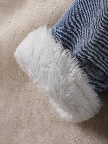 SHEIN Playful Pals 男嬰秋冬夾克，加厚保暖內裡毛領外套，牛仔面料，藍白配色體育西部牛仔風 - 藍色 - 查看 7