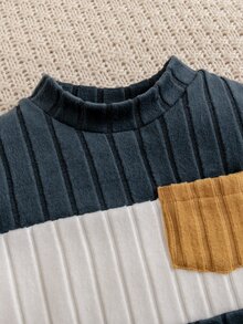SHEIN Playful Pals 2pcs Toddler Baby Boy Fall Winter Navy Blue Color Block Long Sleeve Pocket Striped Pullover Drawstring Jogger Pants Back To School Halloween Cute - Multicolor - View 6