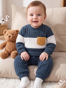 SHEIN Playful Pals 2pcs Toddler Baby Boy Fall Winter Navy Blue Color Block Long Sleeve Pocket Striped Pullover Drawstring Jogger Pants Back To School Halloween Cute - Multicolor - View 3