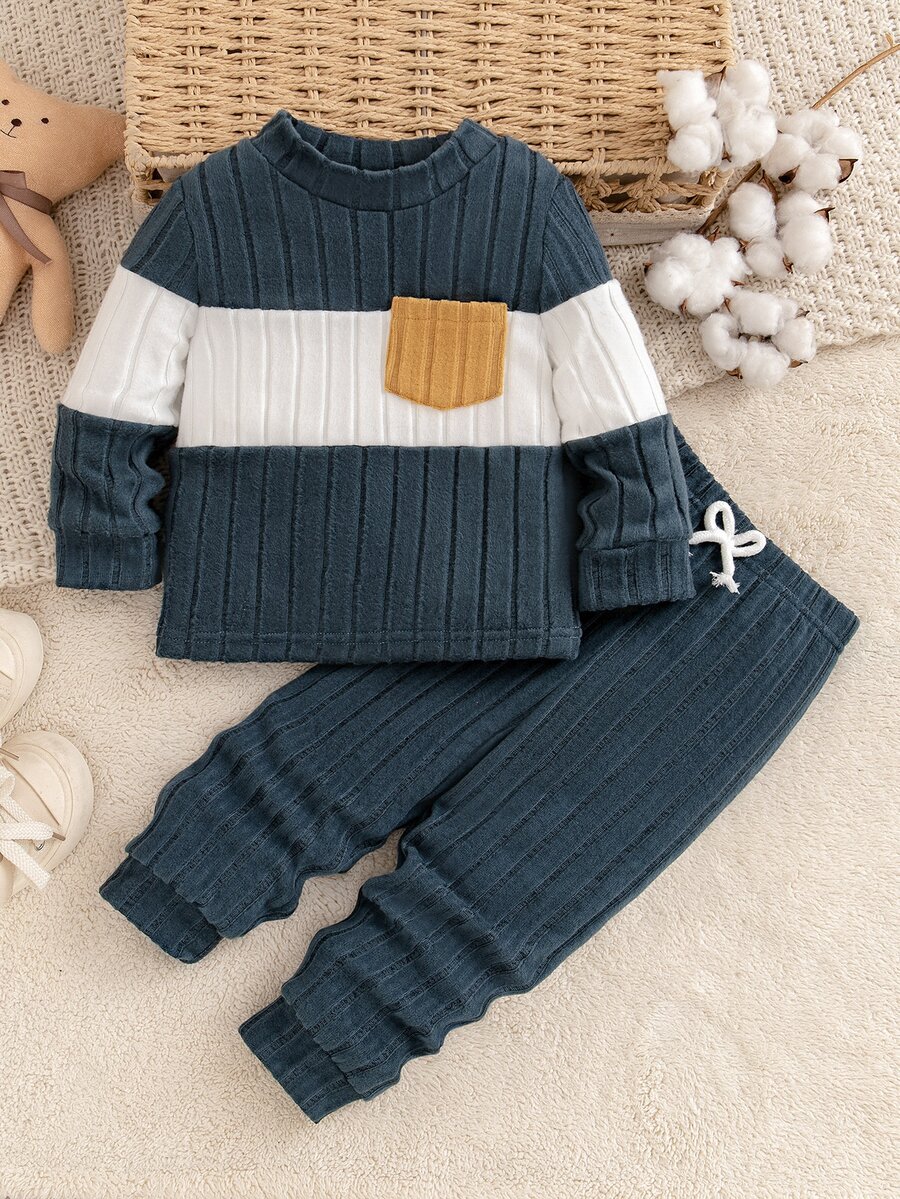 SHEIN Playful Pals 2pcs Toddler Baby Boy Fall Winter Navy Blue Color Block Long Sleeve Pocket Striped Pullover Drawstring Jogger Pants Back To School Halloween Cute - Multicolor - View 1