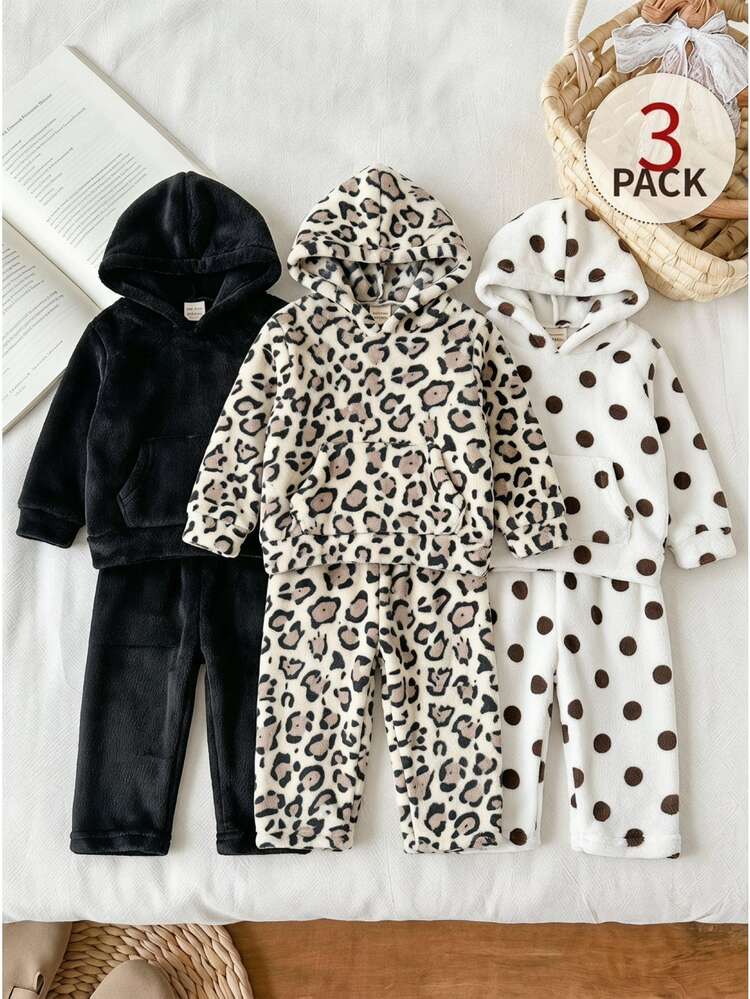 SHEIN 3 Packs Toddler Baby Girl Fuzzy Top Pants Set Cute Black White Khaki Leopard Polka Dot Print Long Sleeve Round Neck Christmas Party Winter Fall - Multicolor - View 7