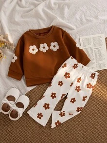 SHEIN Vintaside Kids Baby Girl Floral Sweatshirt & Ribbed Flare Pants 2Pcs Outfit Set, Cute Fall Winter Clothes - Multicolor - View 7