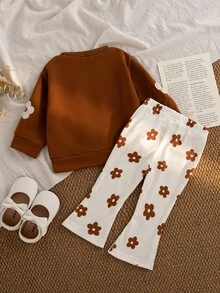 SHEIN Vintaside Kids Baby Girl Floral Sweatshirt & Ribbed Flare Pants 2Pcs Outfit Set, Cute Fall Winter Clothes - Multicolor - View 2