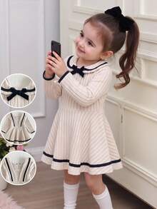 SHEIN Playful Pals 1件幼童女款A字羅紋洋裝，甜美優雅可愛，卡其色與黑色蝴蝶結娃娃領飾邊，長袖彼得潘領，常規款派對秋季公主舒適風 - 米色 - 查看 10