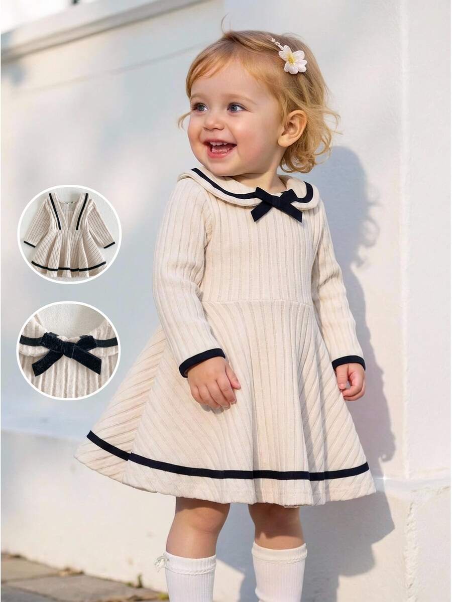 SHEIN Playful Pals 1件幼童女款A字羅紋洋裝,甜美優雅可愛,卡其色與黑色蝴蝶結娃娃領飾邊,長袖彼得潘領,常規款派對秋季公主舒適風 - 米色 - 查看 1