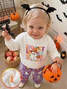 SHEIN Playful Pals 女嬰萬聖節幽靈圖案圓領套頭衛衣與滿版印花休閒長褲套裝，秋冬款 - 紫色 - 查看 4
