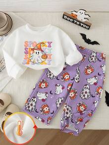 SHEIN Playful Pals 女嬰萬聖節幽靈圖案圓領套頭衛衣與滿版印花休閒長褲套裝，秋冬款 - 紫色 - 查看 6
