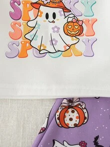 SHEIN Playful Pals 女嬰萬聖節幽靈圖案圓領套頭衛衣與滿版印花休閒長褲套裝，秋冬款 - 紫色 - 查看 10