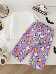 SHEIN Playful Pals 女嬰萬聖節幽靈圖案圓領套頭衛衣與滿版印花休閒長褲套裝，秋冬款 - 紫色 - 查看 2
