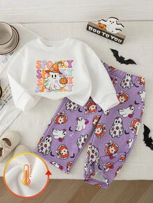 SHEIN Playful Pals 女嬰萬聖節幽靈圖案圓領套頭衛衣與滿版印花休閒長褲套裝，秋冬款 - 紫色 - 查看 3
