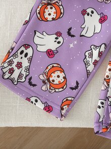 SHEIN Playful Pals 女嬰萬聖節幽靈圖案圓領套頭衛衣與滿版印花休閒長褲套裝，秋冬款 - 紫色 - 查看 11