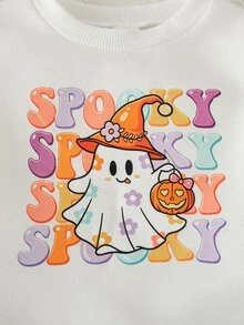 SHEIN Playful Pals 女嬰萬聖節幽靈圖案圓領套頭衛衣與滿版印花休閒長褲套裝，秋冬款 - 紫色 - 查看 8