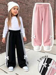 SHEIN Young Girl Pink Casual Spring/Summer Bowknot Loose High-Waist Straight Wide-Leg Sweatpants, Fashionable Sweatpants For Toddlers - Multicolor - View 3