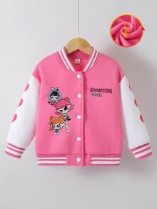 SHEIN 女童休閒可愛圖案與字母印花拼色棒球夾克，適合外出、運動、玩耍、上學等多種場合，秋冬款 - 粉色 - 查看 4
