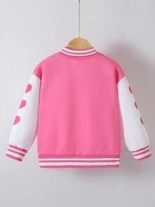 SHEIN 女童休閒可愛圖案與字母印花拼色棒球夾克，適合外出、運動、玩耍、上學等多種場合，秋冬款 - 粉色 - 查看 2