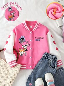 SHEIN 女童休閒可愛圖案與字母印花拼色棒球夾克，適合外出、運動、玩耍、上學等多種場合，秋冬款 - 粉色 - 查看 8