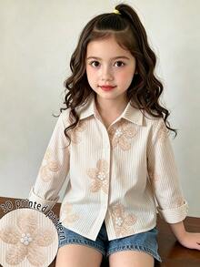 SHEIN Genkimix Kids Young Girls Striped Shirt, Casual, Cute, Preppy, Loose, Graphic, Cardigan, Fall, Back To School, Outdoor, Sports, Daily, Comfortable, Outfit - Multicolor - View 4