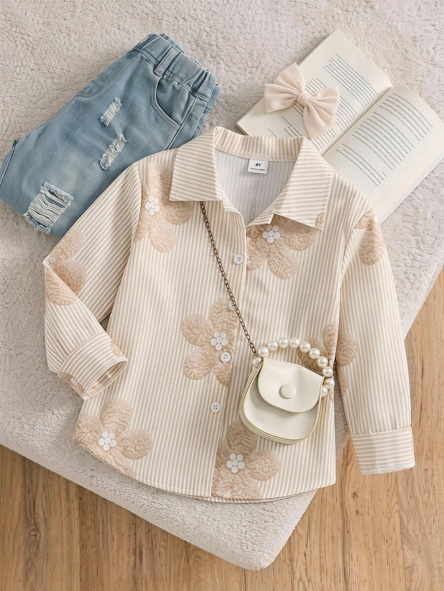 SHEIN Genkimix Kids Young Girls Striped Shirt, Casual, Cute, Preppy, Loose, Graphic, Cardigan, Fall, Back To School, Outdoor, Sports, Daily, Comfortable, Outfit