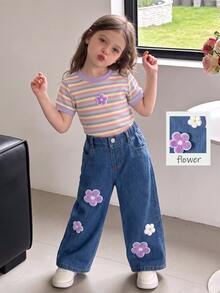 SHEIN Elladie kids 女童（小）T卹套裝 - 紫色 - 查看 3