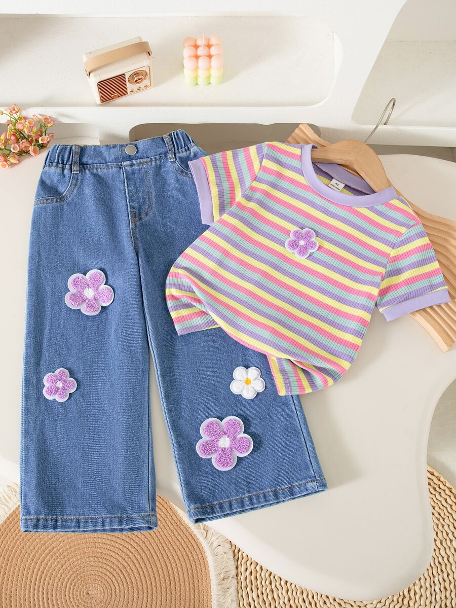 SHEIN Elladie kids 女童(小)T卹套裝 - 紫色 - 查看 1
