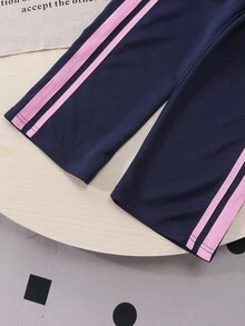 Genkimix Kids 女童休閒兩件套 深綠色領口上衣 粉色身片對比袖 清新層次蝴蝶結印花長褲 白色條紋織帶 秋季 7歲生日禮物 - 藏蓝色 - 查看 6