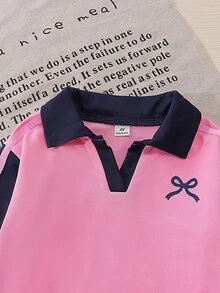 Genkimix Kids 女童休閒兩件套 深綠色領口上衣 粉色身片對比袖 清新層次蝴蝶結印花長褲 白色條紋織帶 秋季 7歲生日禮物 - 藏蓝色 - 查看 5