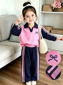 Genkimix Kids 女童休閒兩件套 深綠色領口上衣 粉色身片對比袖 清新層次蝴蝶結印花長褲 白色條紋織帶 秋季 7歲生日禮物 - 藏蓝色 - 查看 4