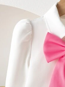 SHEIN Elladie kids 女童兩件套套裝，甜美大蝴蝶結長袖上衣與粉色寬腿褲，春夏秋冬休閒套裝 - 粉色 - 查看 4