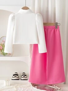 SHEIN Elladie kids 女童兩件套套裝，甜美大蝴蝶結長袖上衣與粉色寬腿褲，春夏秋冬休閒套裝 - 粉色 - 查看 3