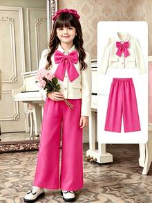 SHEIN Elladie kids 女童兩件套套裝，甜美大蝴蝶結長袖上衣與粉色寬腿褲，春夏秋冬休閒套裝 - 粉色 - 查看 8