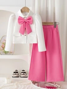 SHEIN Elladie kids 女童兩件套套裝，甜美大蝴蝶結長袖上衣與粉色寬腿褲，春夏秋冬休閒套裝 - 粉色 - 查看 9