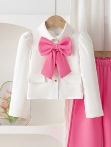 SHEIN Elladie kids 女童兩件套套裝，甜美大蝴蝶結長袖上衣與粉色寬腿褲，春夏秋冬休閒套裝 - 粉色 - 查看 7