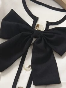SHEIN Elladie kids 女童春秋返校學院風大蝴蝶結裝飾西裝外套寬腿褲套裝，時尚休閒套裝穿搭，7歲生日婚禮生日適用 - 白色 - 查看 6