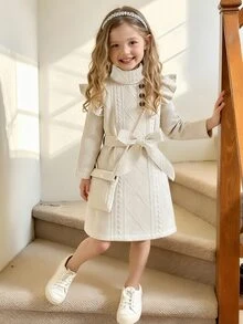 SHEIN Elladie kids 少女休闲纯色纹理立领连衣裙，秋季 - 杏色 - 查看 1
