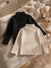 SHEIN Genkimix Kids 女童休閒素色羅紋高領長袖T恤，秋季校園黑色 - 彩色 - 查看 2
