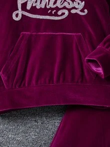 SHEIN 女童 2 件組 絲絨公主皇冠水鑽連帽衛衣與運動長褲套裝 休閒秋冬長袖運動服套裝 - 中紫紅色 - 查看 9