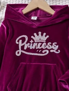 SHEIN 女童 2 件組 絲絨公主皇冠水鑽連帽衛衣與運動長褲套裝 休閒秋冬長袖運動服套裝 - 中紫紅色 - 查看 6