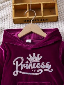 SHEIN 女童 2 件組 絲絨公主皇冠水鑽連帽衛衣與運動長褲套裝 休閒秋冬長袖運動服套裝 - 中紫紅色 - 查看 5