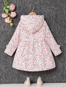 SHEIN Genkimix Kids 女童秋季小碎花保暖內裡連帽雙排扣冬季外套，時尚休閒日常穿搭 - 粉色 - 查看 2