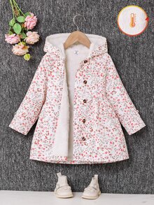 SHEIN Genkimix Kids 女童秋季小碎花保暖內裡連帽雙排扣冬季外套，時尚休閒日常穿搭 - 粉色 - 查看 3