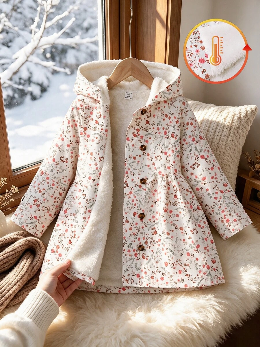 SHEIN Genkimix Kids 女童秋季小碎花保暖內裡連帽雙排扣冬季外套,時尚休閒日常穿搭 - 粉色 - 查看 1