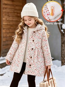 SHEIN Genkimix Kids 女童秋季小碎花保暖內裡連帽雙排扣冬季外套，時尚休閒日常穿搭 - 粉色 - 查看 4