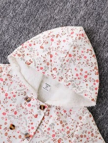 SHEIN Genkimix Kids 女童秋季小碎花保暖內裡連帽雙排扣冬季外套，時尚休閒日常穿搭 - 粉色 - 查看 7