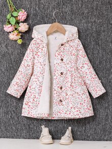SHEIN Genkimix Kids 女童秋季小碎花保暖內裡連帽雙排扣冬季外套，時尚休閒日常穿搭 - 粉色 - 查看 5