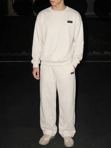 2pcs Set Tween Boys Spring/Autumn Off-White Baggy Casual Solid Color Crew Neck Sweatshirt And Jogger Sweatpants Set Loose School Activities - Apricot - View 3