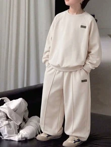 2pcs Set Tween Boys Spring/Autumn Off-White Baggy Casual Solid Color Crew Neck Sweatshirt And Jogger Sweatpants Set Loose School Activities - Apricot - View 4