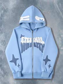SHEIN Coolqubz 青少年男孩連帽街頭風Y2K字母印花運動衫，萬聖節款，秋冬穿著 - 藍色 - 查看 4