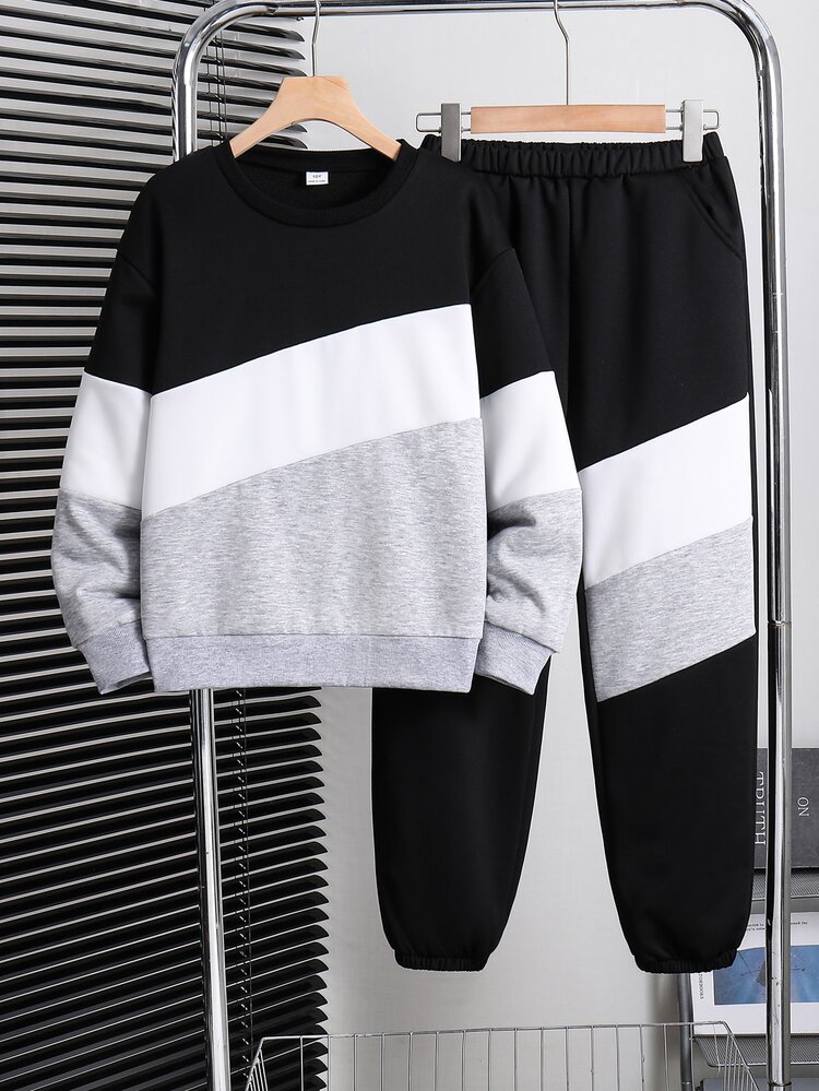 SHEIN Coolqubz Setelan 2 Potong Baju Sweatshirt dan Celana Fashion Colorblock untuk Anak Laki-Laki Remaja, Desain Colorblock yang Stylish, Gaya Streetwear yang Tampan, Kain Lembut dan Nyaman, Mudah Dipakai, Cocok untuk Musim Semi dan Gugur, Cocok untuk Berbagai Acara, Cocok untuk Sekolah, Cocok untuk Jalan-jalan, Setelan 2 Potong Wajib Punya untuk Anak Laki-Laki, Gaya Kuliah, Musim Gugur, Musim Dingin - Hitam dan Putih - View 9